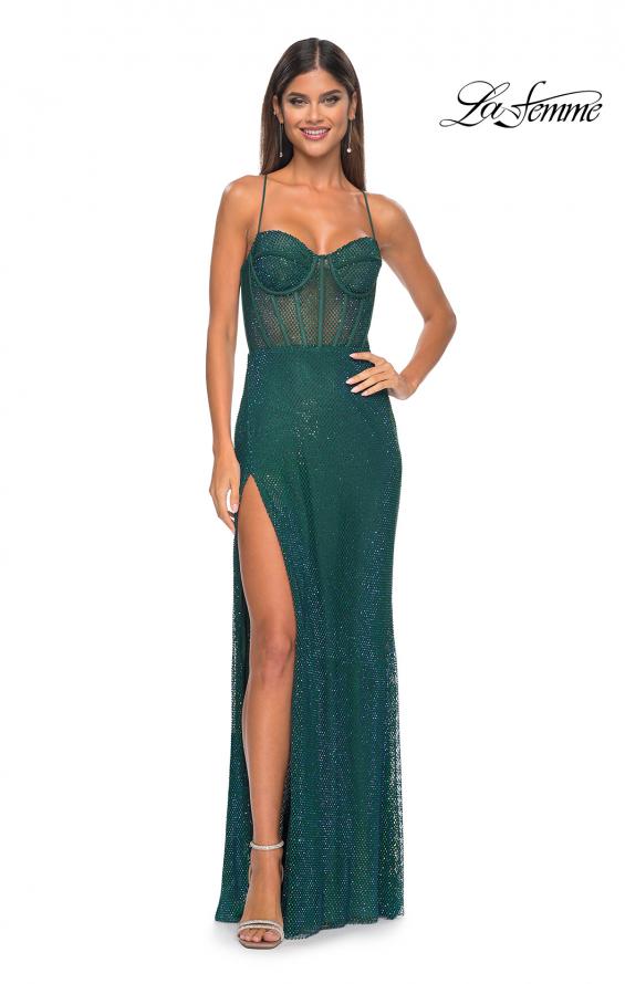 Picture of: Fishnet Rhinestone Fitted Dress with Bustier Top and High Neckline in Emerald, Style: 32446, Detail Picture 3