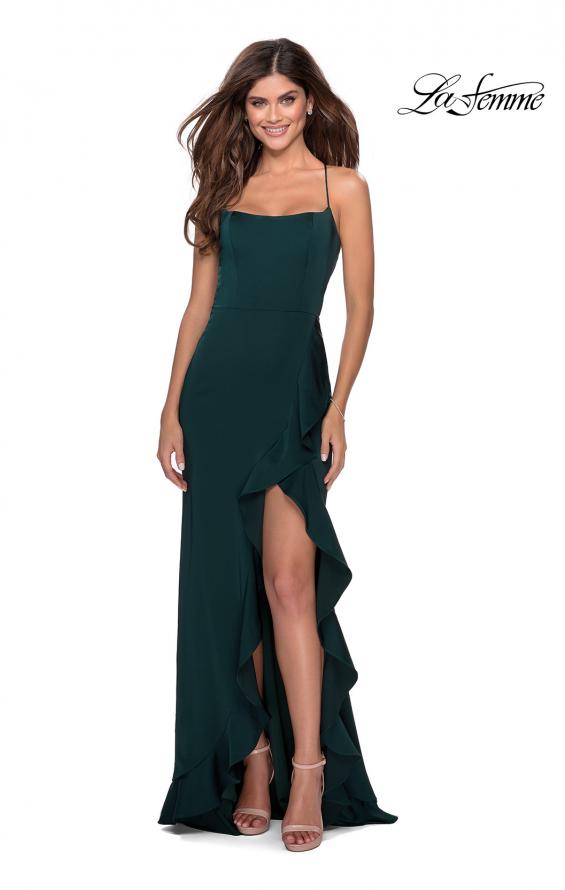 Picture of: Ruffle Prom Dress with Scoop Neck and Lace Up Back in Emerald, Style: 28294, Detail Picture 4