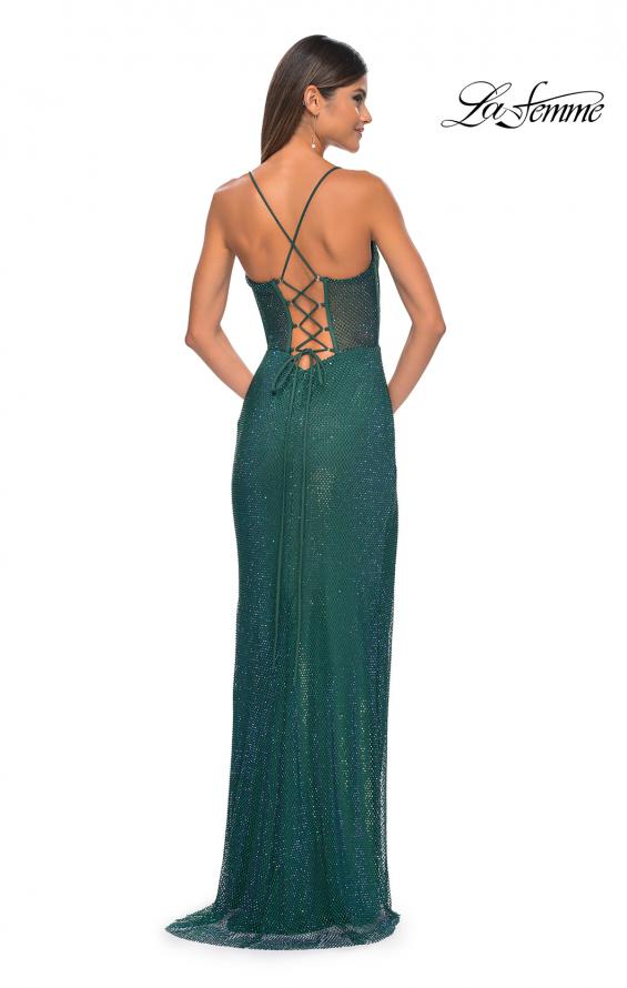 Picture of: Fishnet Rhinestone Fitted Dress with Bustier Top and High Neckline in Emerald, Style: 32446, Detail Picture 4