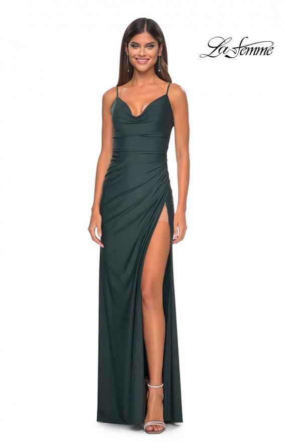 Picture of: Chic Jersey Dress with Ruching and Illusion Back in Emerald, Style: 32287, Detail Picture 5