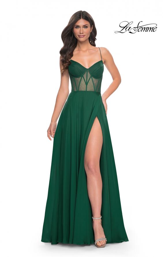 Picture of: Chiffon Gown with Illusion Bustier Top and Lace Up Back in Green, Style: 32296, Detail Picture 5