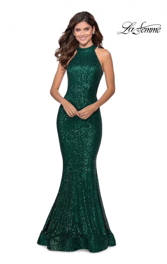 Picture of: Long Sequin Gown with High Neckline and Lace Back in Emerald, Style: 28612, Detail Picture 6