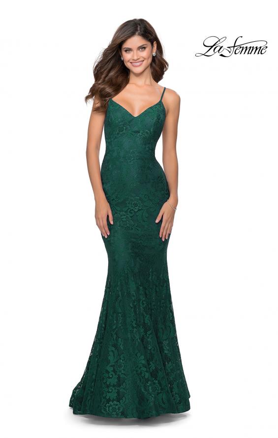 Picture of: Long Mermaid Lace Prom Dress with V Shaped Neckline in Emerald, Style: 28504, Detail Picture 7