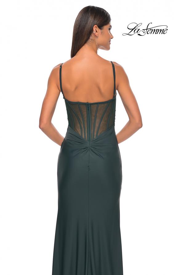 Picture of: Chic Jersey Dress with Ruching and Illusion Back in Emerald, Style: 32287, Detail Picture 7