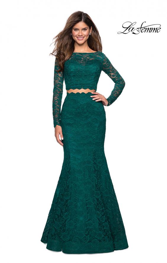 Picture of: Stretch Lace Long Sleeve Two Piece Prom Dress in Forest Green, Style: 27601, Main Picture