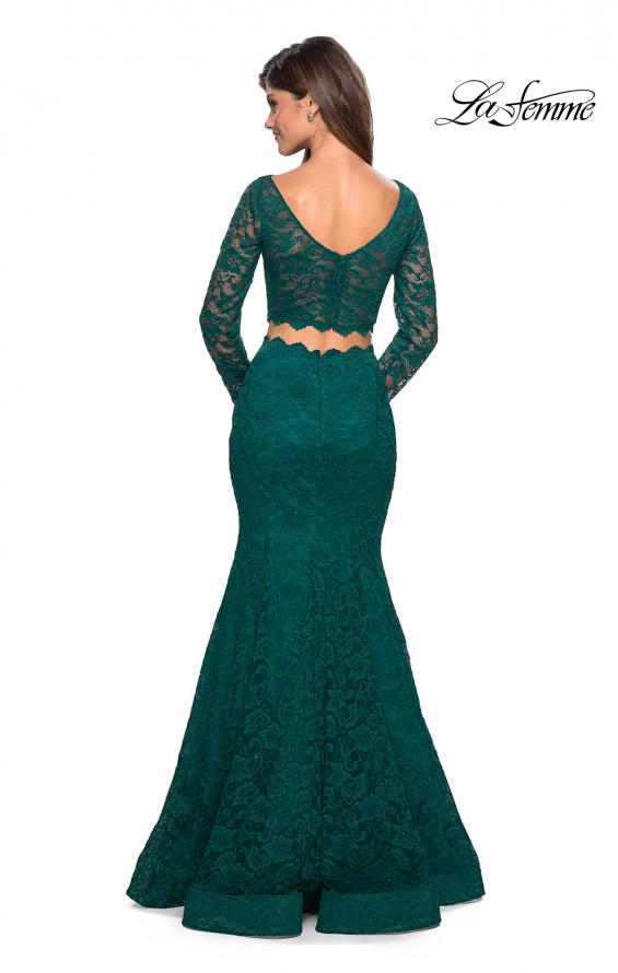 Picture of: Stretch Lace Long Sleeve Two Piece Prom Dress in Forest Green, Style: 27601, Back Picture