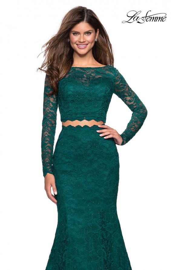 Picture of: Stretch Lace Long Sleeve Two Piece Prom Dress in Forest Green, Style: 27601, Detail Picture 7