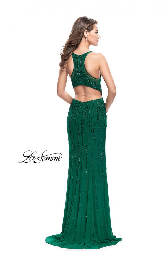 Picture of: Long Metallic Beaded Prom Gown with Front Cut Outs in Forest Green, Style: 26300, Back Picture