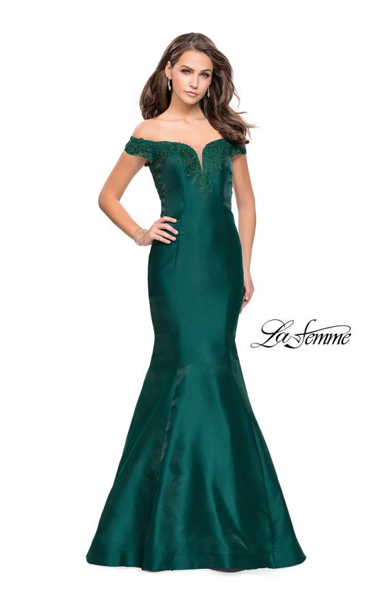 Picture of: Off The Shoulder Mikado Mermaid Gown with Lace in Forest Green, Style: 26001, Detail Picture 1