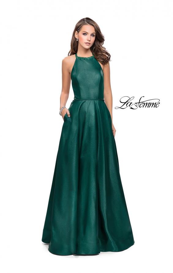 Picture of: Long A-line Beaded Mikado Prom Dress with Pockets in Forest Green, Style: 26162, Detail Picture 1