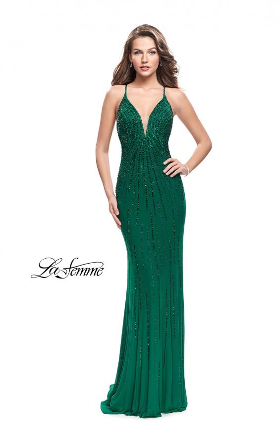 Picture of: Long Metallic Beaded Prom Gown with Front Cut Outs in Forest Green, Style: 26300, Detail Picture 1