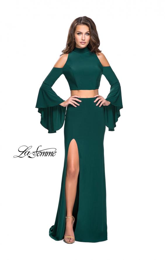 Picture of: Long Two Piece Dress with Cold Shoulders and Bell Sleeves in Forest Green, Style: 25353, Detail Picture 2