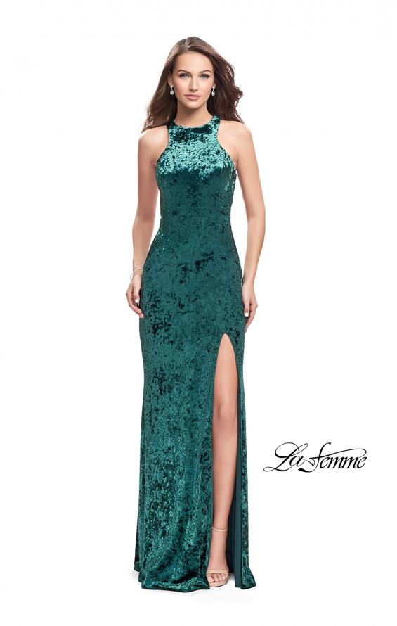 Picture of: Crushed Velvet Prom Dress with High Neckline and Leg Slit in Forest Green, Style: 25734, Detail Picture 2