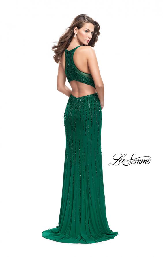 Picture of: Long Metallic Beaded Prom Gown with Front Cut Outs in Forest Green, Style: 26300, Detail Picture 2
