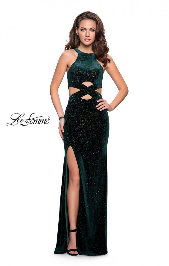 Picture of: Long Velvet Prom Dress with Beading and Open Back in Forest Green, Style: 25407, Detail Picture 3