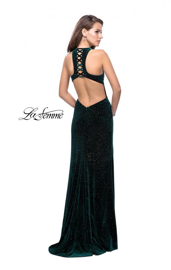 Picture of: Long Sparkling Velvet Prom Dress with Open Racer Back in Forest Green, Style: 25517, Detail Picture 3