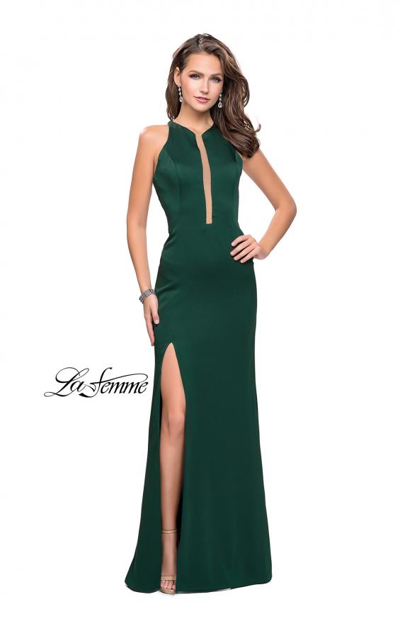 Picture of: High Neck Satin Gown with Leg Slit and Strappy Back in Forest Green, Style: 25962, Detail Picture 3