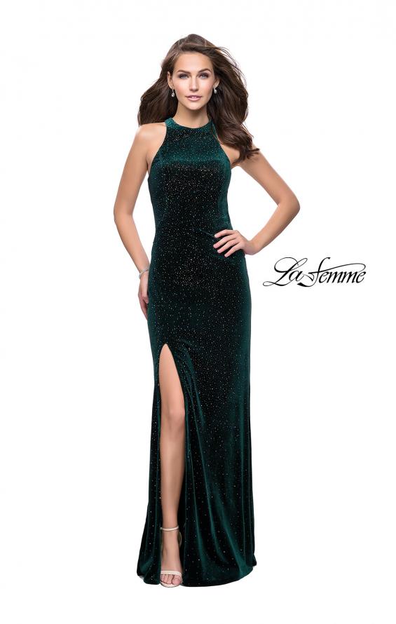 Picture of: Long Sparkling Velvet Prom Dress with Open Racer Back in Forest Green, Style: 25517, Detail Picture 2