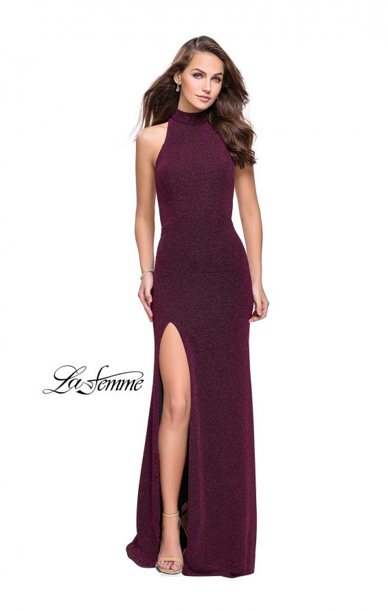 Picture of: Sparkly Jersey Long Dress with High Neckline and Front Slit in Fuchsia, Style: 25404, Main Picture
