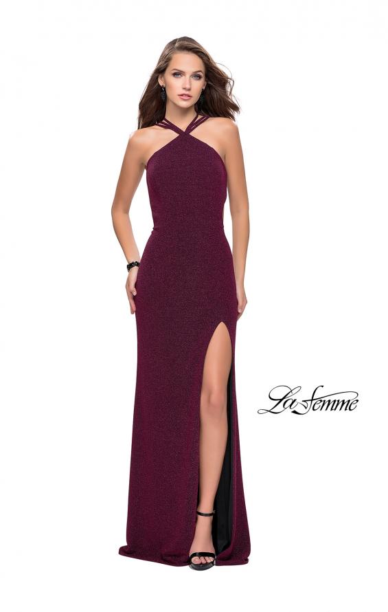 Picture of: Long Sparkly Dress with High Neckline and Side Slit in Fuschia, Style: 25346, Back Picture