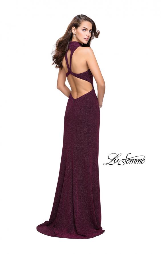 Picture of: Sparkly Jersey Long Dress with High Neckline and Front Slit in Fuchsia, Style: 25404, Back Picture