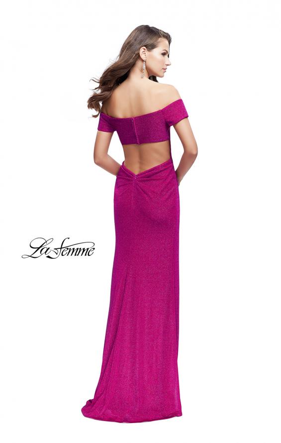 Picture of: Off the Shoulder Prom Dress with Wrap Side Leg Slit in Fuchsia, Style: 25955, Back Picture