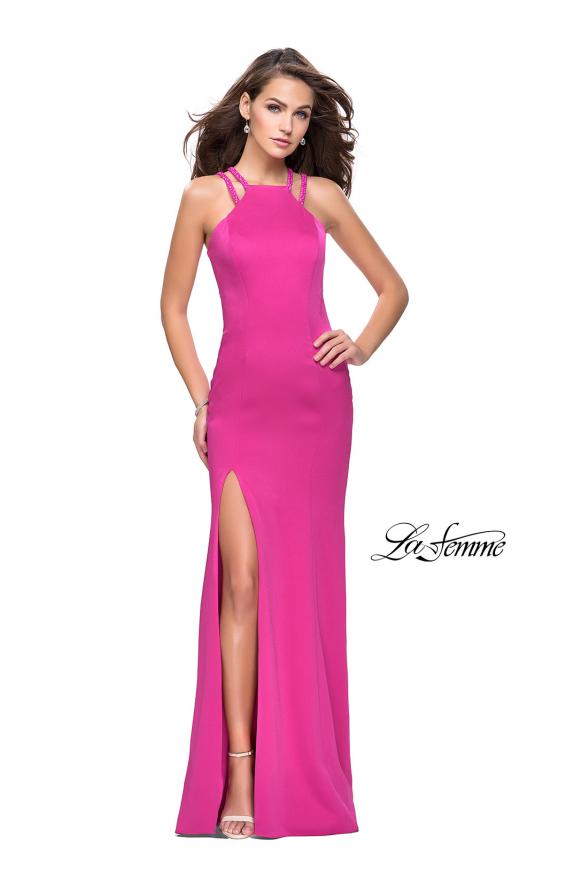 Picture of: Classic Long Evening Gown with Beaded Straps and Slit in Fuchsia, Style: 25540, Detail Picture 1