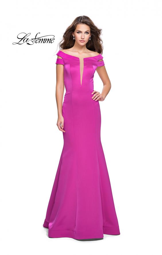 Picture of: Satin Off the Shoulder Mermaid Prom Dress with V Neck in Fuchsia, Style: 25903, Detail Picture 1