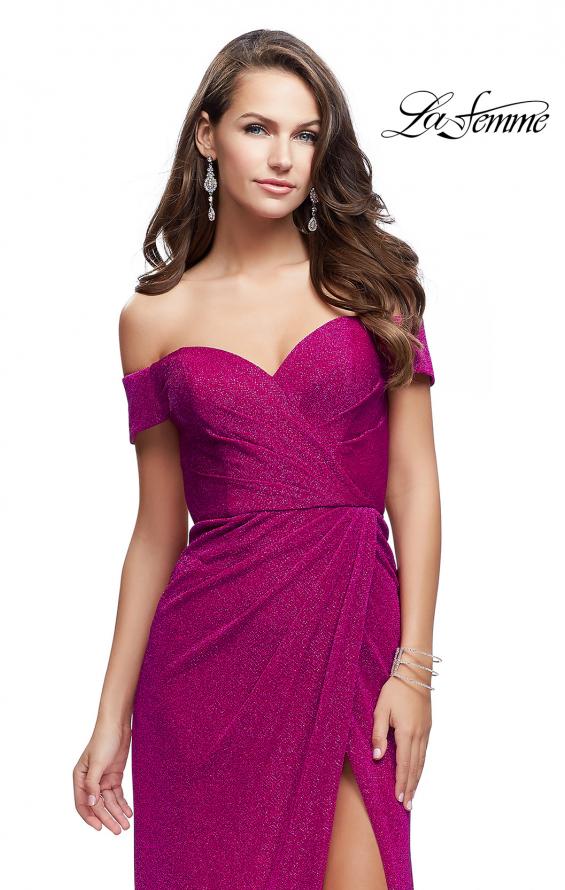 Picture of: Off the Shoulder Prom Dress with Wrap Side Leg Slit in Fuchsia, Style: 25955, Detail Picture 1