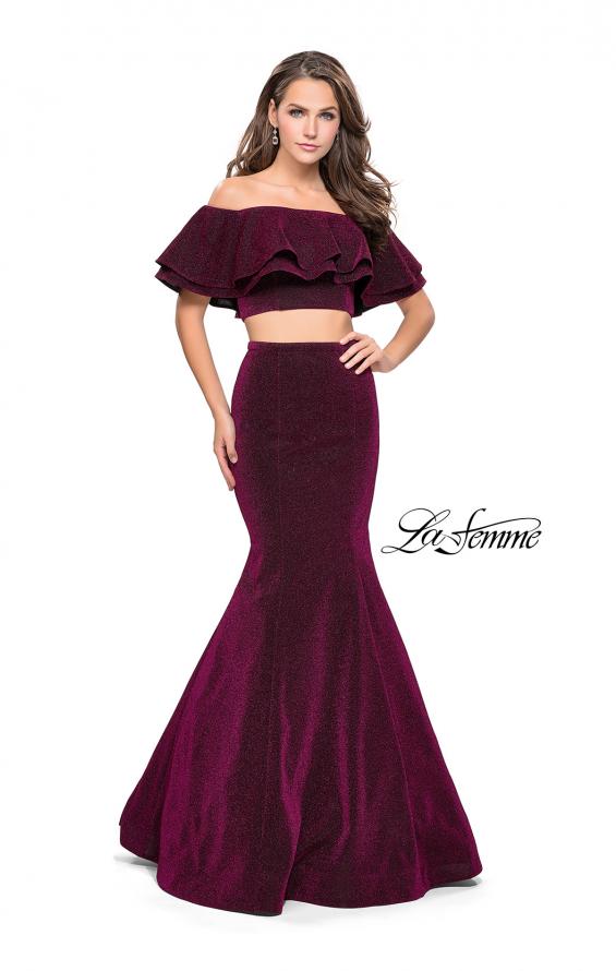 Picture of: Long Sparkling Off the Shoulder Jersey Prom Dress in Fuchsia, Style: 26324, Detail Picture 1