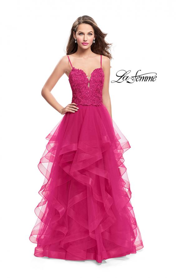 Picture of: Long Ball Gown with Tulle Skirt and Beaded Lace Bodice in Fuchsia, Style: 25857, Detail Picture 2