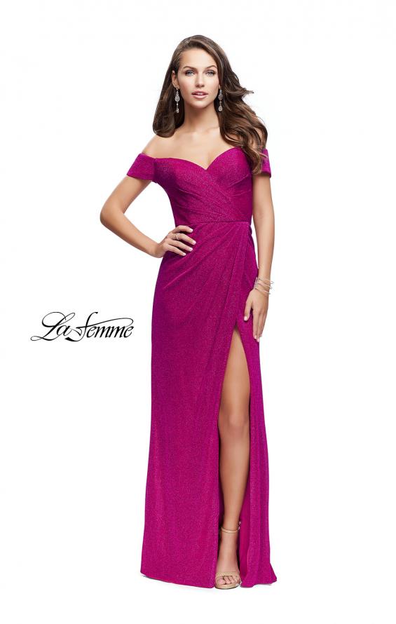 Picture of: Off the Shoulder Prom Dress with Wrap Side Leg Slit in Fuchsia, Style: 25955, Detail Picture 2
