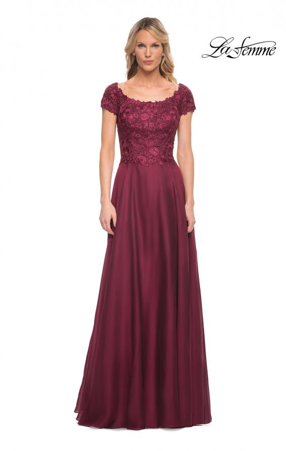 Picture of: Short Sleeve Chiffon Dress with Lace Bodice in Garnet, Style: 26550, Main Picture
