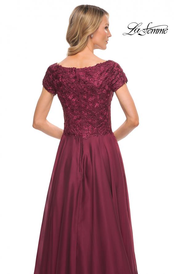 Picture of: Short Sleeve Chiffon Dress with Lace Bodice in Garnet, Style: 26550, Detail Picture 2