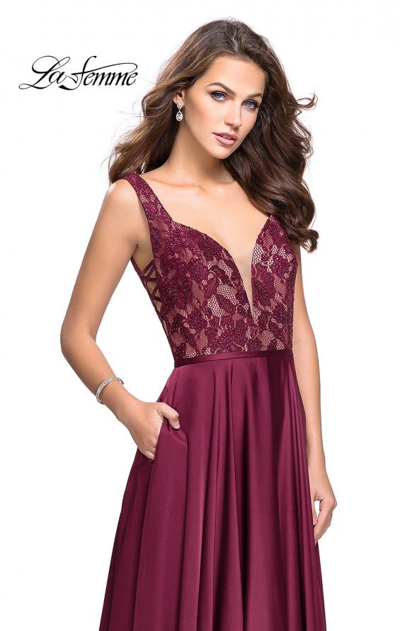 Picture of: Long A line Prom Dress with Lace Up Side Cut Outs in Garnet, Style: 25436, Detail Picture 1