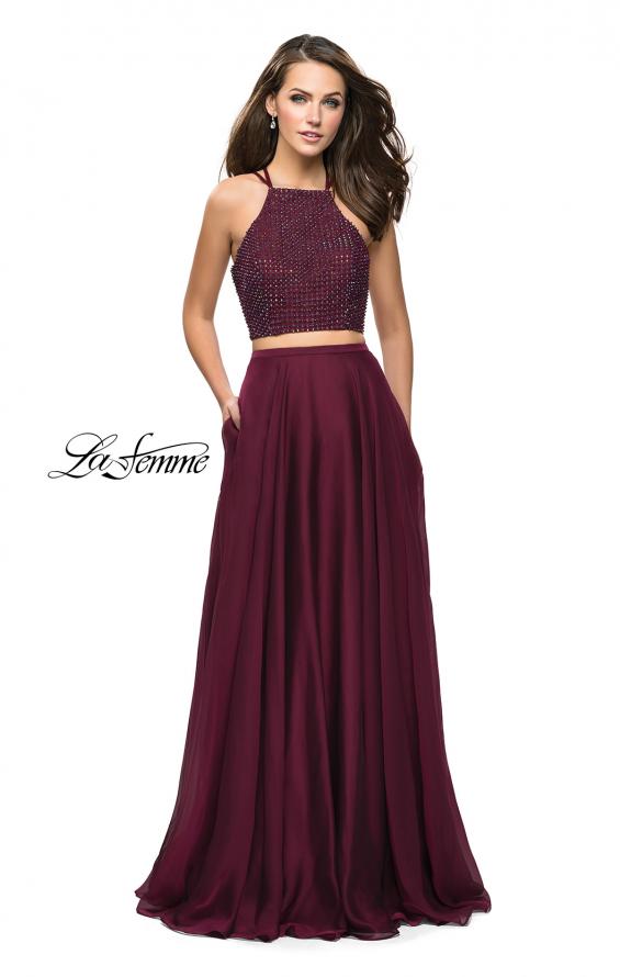 Picture of: Long Chiffon Two Piece Prom Dress with Metallic Beading in Garnet, Style: 26002, Detail Picture 1