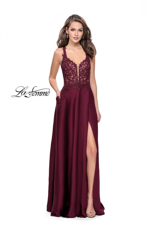 Picture of: Beaded and Embroidered Lace Prom Dress with Slit in Garnet, Style: 26124, Detail Picture 1