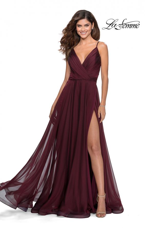 Picture of: Chiffon Prom Dress with Pleated Bodice and Pockets in Garnet, Style: 28611, Detail Picture 1