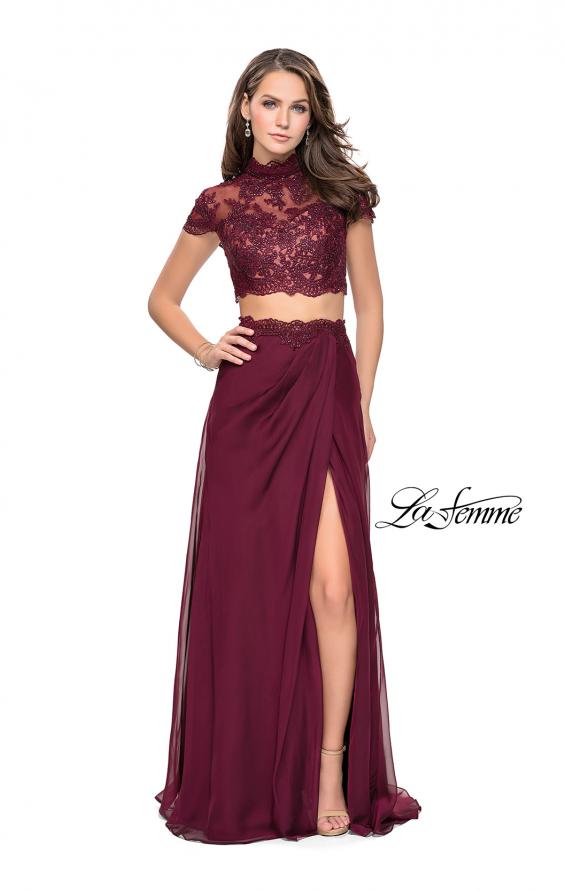 Picture of: Chiffon Two Piece Gown with Lace Top and Belt Detail in Garnet, Style: 25384, Detail Picture 2