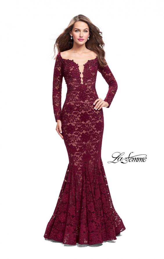 Picture of: Long Sleeve Lace Mermaid Prom Dress with Metallic Beads in Garnet, Style: 25607, Detail Picture 2