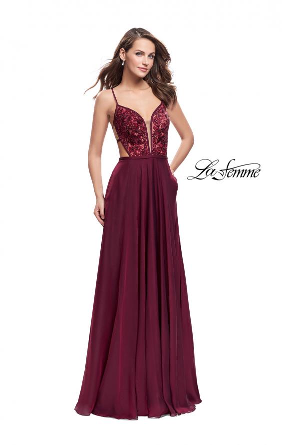 Picture of: A-Line Dress with Embroidered Lace Top and Pockets in Garnet, Style: 26243, Detail Picture 2