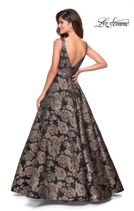 Picture of: Metallic Floral Prom Gown with V Neckline and Pockets in Gold Black, Style: 27482, Back Picture