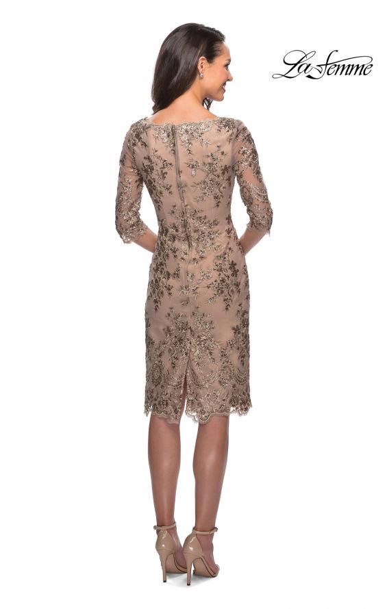 Picture of: Short Lace Dress with V Neck and 3/4 Sleeves in Gold Nude, Style: 26871, Back Picture