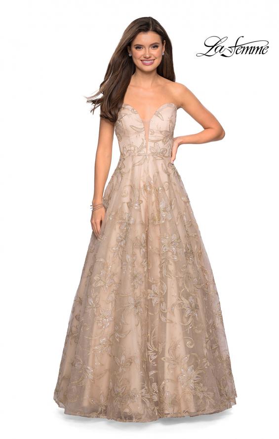 Picture of: Strapless A-Line Embroidered Prom Dress in Gold/Nude, Style: 27640, Main Picture