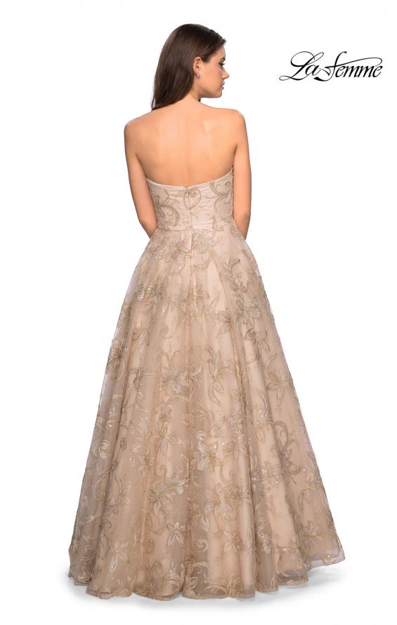 Picture of: Strapless A-Line Embroidered Prom Dress in Gold/Nude, Style: 27640, Back Picture