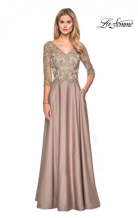 Picture of: Floor Length Satin Dress with Lace Detail and Pockets in Gold Olive, Style: 27235, Detail Picture 2