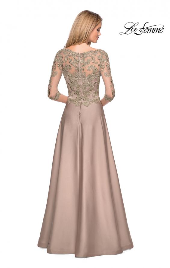Picture of: Floor Length Satin Dress with Lace Detail and Pockets in Gold Olive, Style: 27235, Detail Picture 3