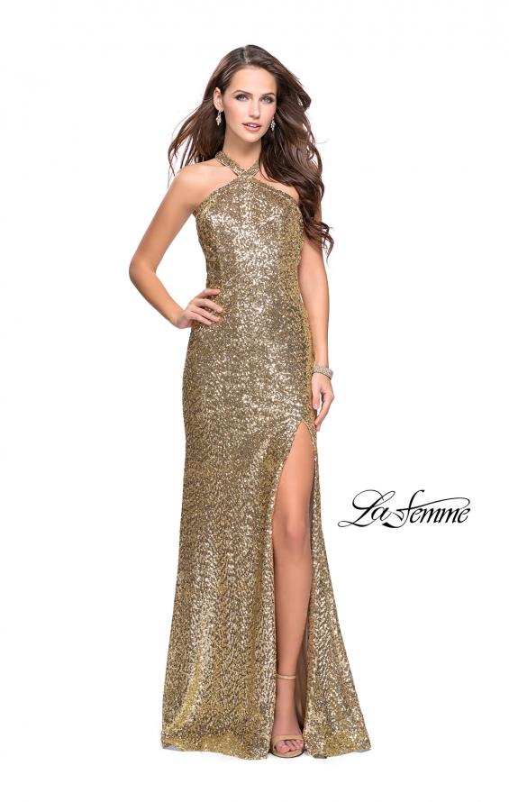 Picture of: Long Sequin Halter Prom Dress with Strappy Back and Slit in Gold, Style: 25418, Main Picture