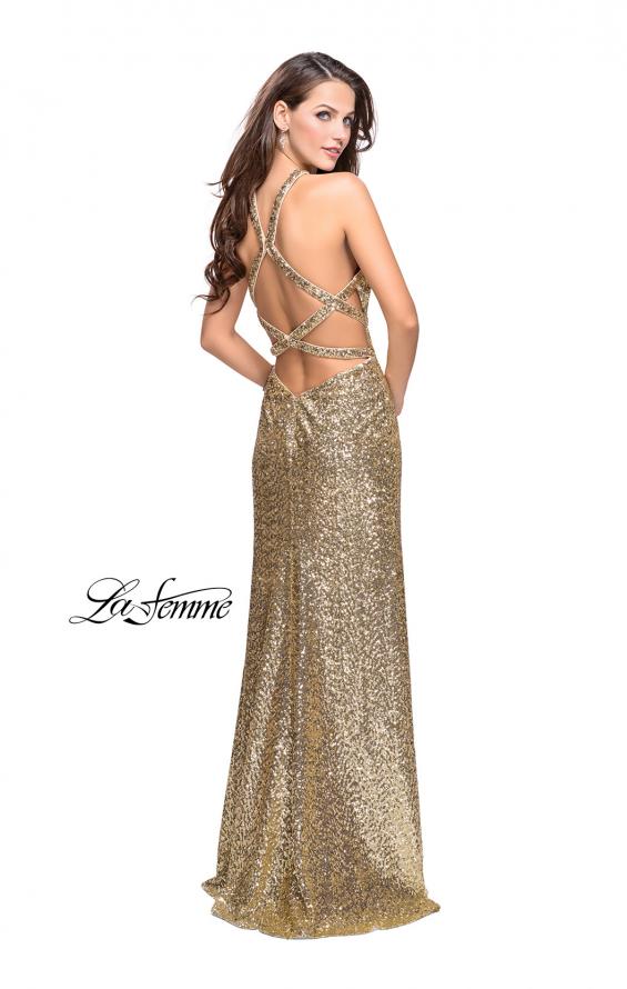 Picture of: Long Sequin Halter Prom Dress with Strappy Back and Slit in Gold, Style: 25418, Back Picture