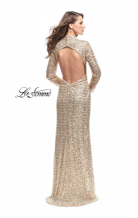 Picture of: Long Sleeve Sequin High Neck Prom Dress with Slit in Gold, Style: 26263, Back Picture